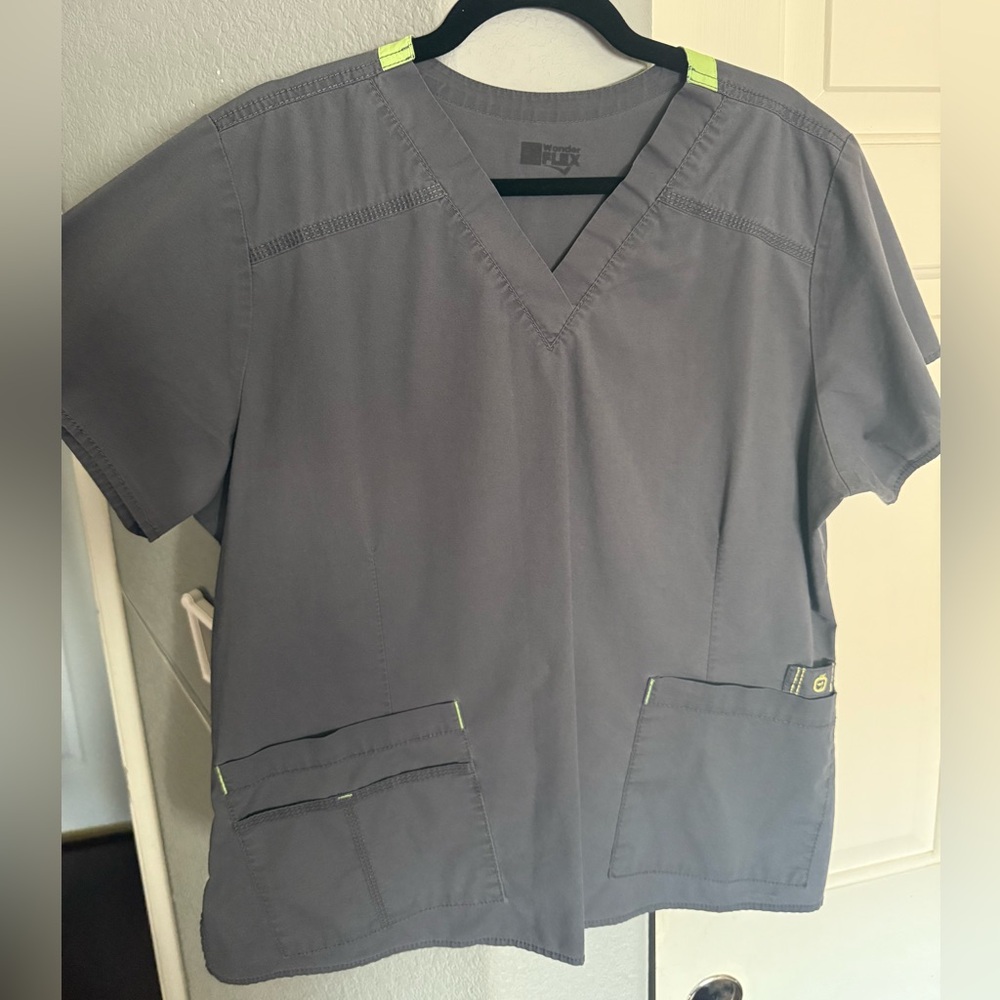 Wink WonderFlex Gray Scrub Top with Neon Accents